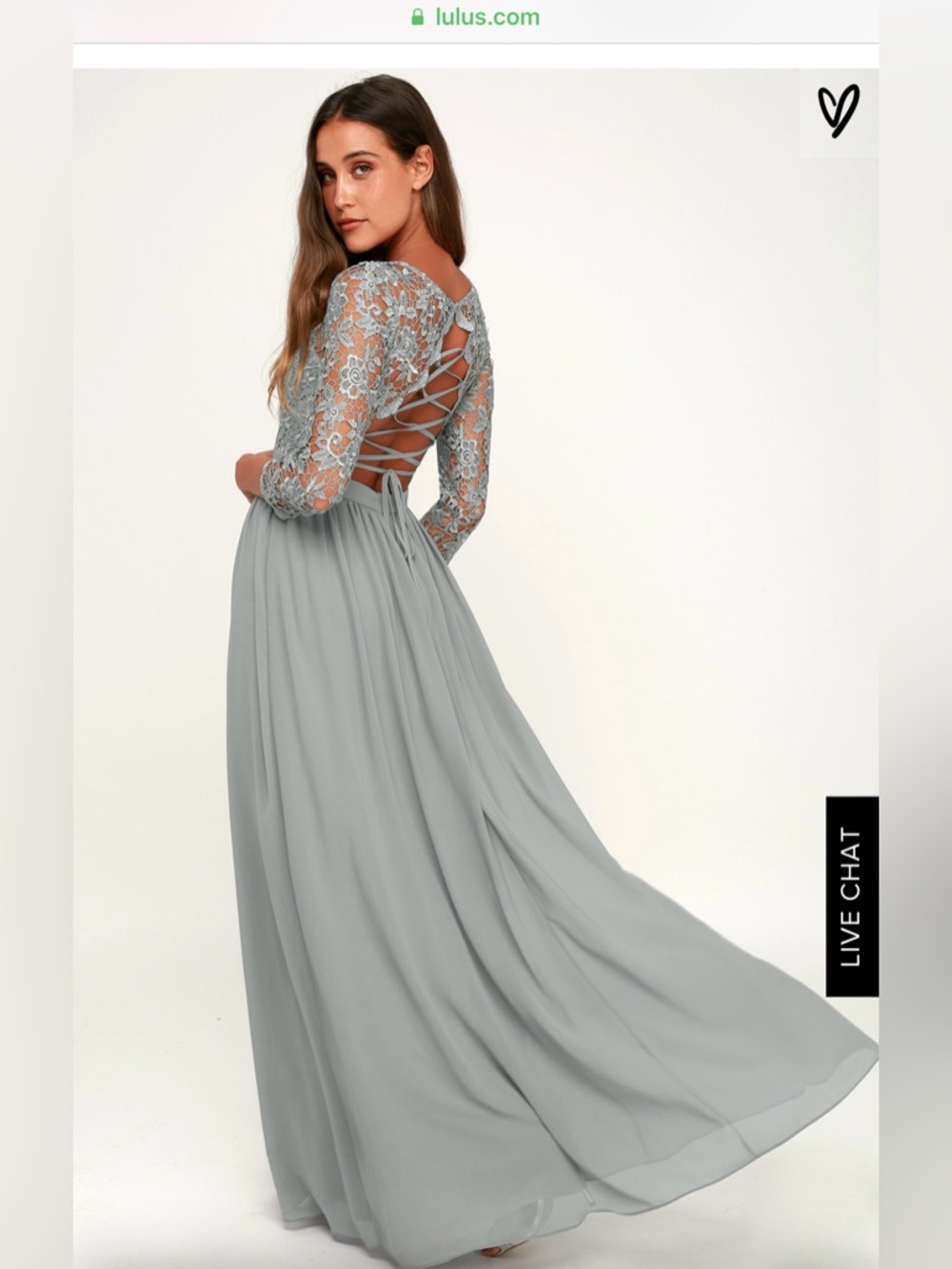 *NWT* Lulus tie-back, lace long sleeve maxi in light bluish-gray. Size medium